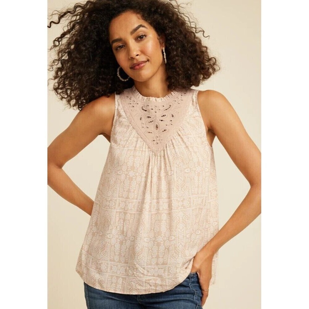 Maurices Womens Embroidered Yoke Detail High Neck Tank Top Ivory Plus 1X Eyelet